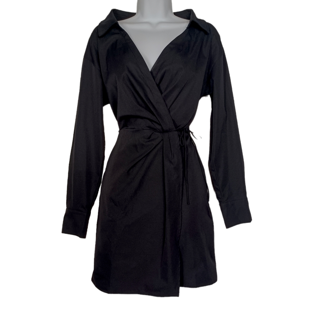 H&M Black V-Neck Faux Wrap Long Sleeve Short Collared Dress Small NWT